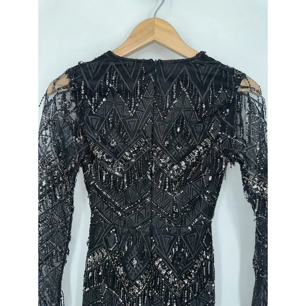 REVOLVE Superdown Nia Sequin Fringe Mini Dress Plunge V-Neck Mesh Long Sleeve - Picture 9 of 13